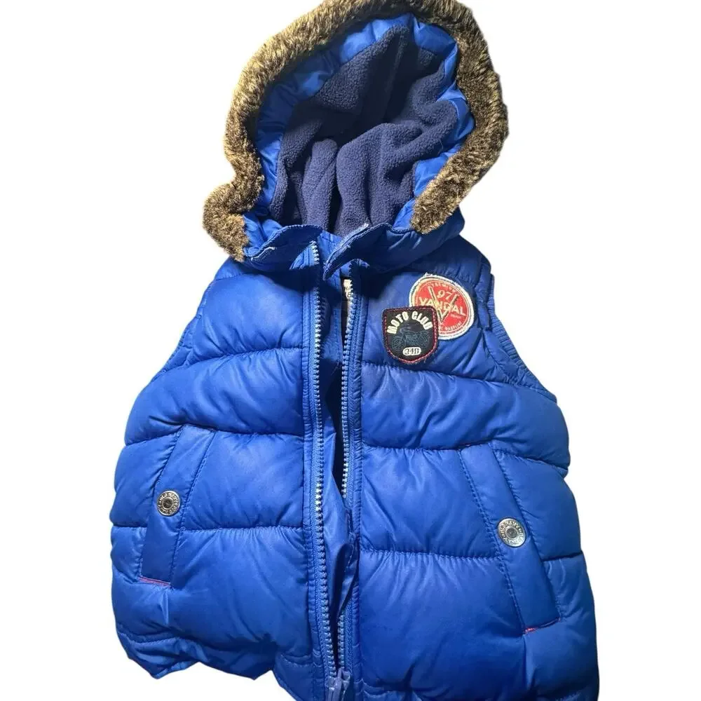 Y2K Old Navy Baby 12-18M Blue Puffer Vest Fur Trim Hood Moto Patch Winter Coat